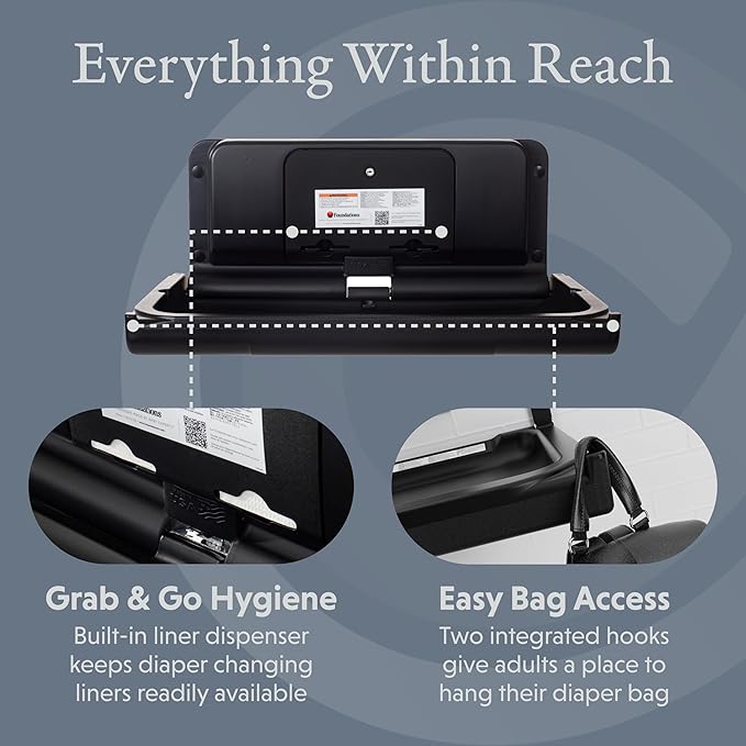 Foundations Ultra Horizontal Wall Mounted Baby Diaper Changing Station, Oversized Changing Surface, Plastic with Heavy Duty Stainless Steel Hinge - Black (200-EH-02)