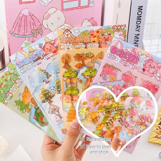 4 Sets DIY 3D House Stickers - Four Seasons Theme: Create Your Own Cute Cartoon Miniature Scene Sticker Art Kit for Kids & Adults, Stress Relief (Spring Summer Autumn Winter Theme)