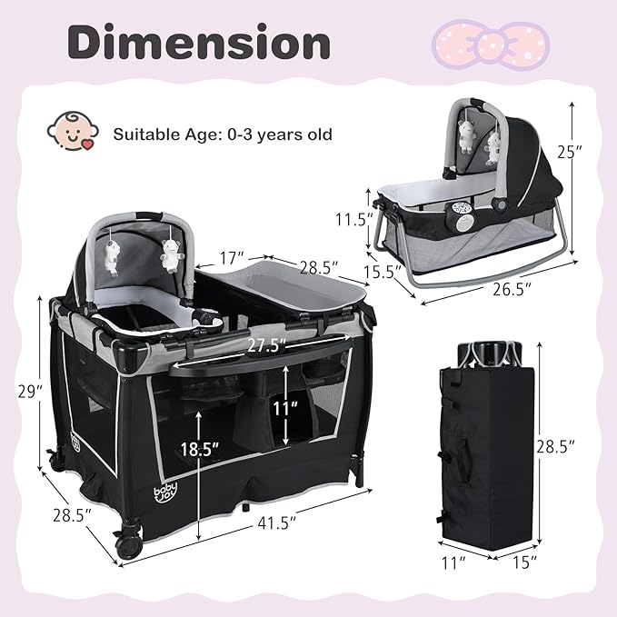 BABY JOY 5 in 1 Pack and Play, Portable Nursery Center Baby Playard w/Bassinet & Diaper Changing Table, Infant Bassinet Activity Center with Toys, Music, Oxford Bag for Toddlers (Space Grey, Classic)