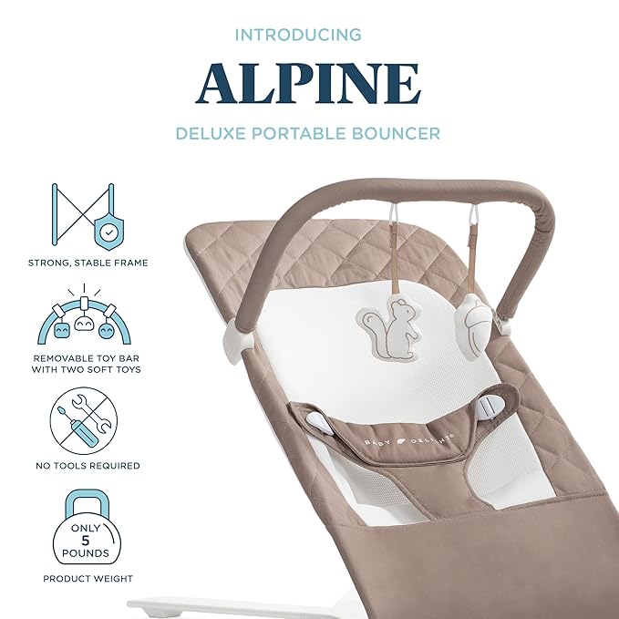 Baby Delight Alpine Deluxe Portable Baby Bouncer | Infant | 0-6 Months | 100% GOTS Certified Organic Cotton Fabric | Organic Mocha