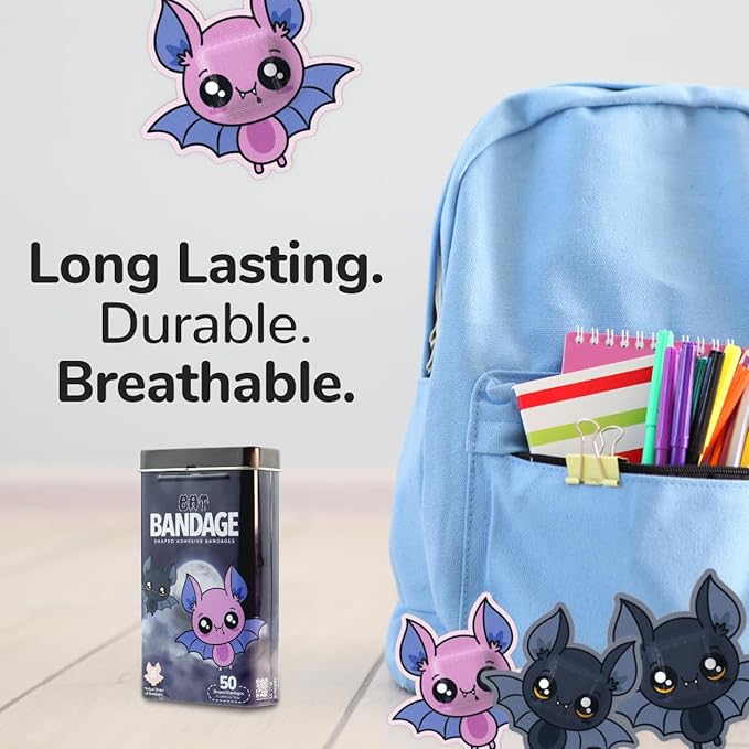 BioSwiss Bandages, Halloween Bat Shaped Self Adhesive Bandage, Latex Free Sterile Wound Care, Fun First Aid Kit Supplies for Kids, 50 Count