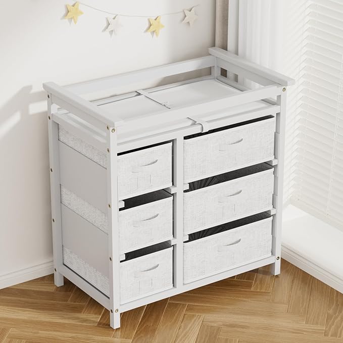KORIMEFA Modern Baby Changing Table, Diaper Changing Table, with 6 Storage Drawers and Changing Pad, White