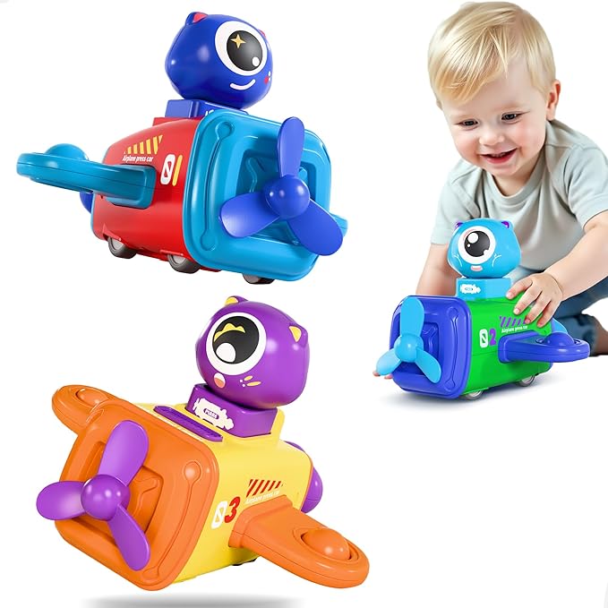 iPlay, iLearn Press to Go Car Toys for Toddlers 1-3, Baby Airplane Race Cars, Infant Push Go Play Vehicle Set, Boys Pull Back Friction Car for 6-9-12-18 Month, 1st Birthday Gift for 1-2 Years Old Kids