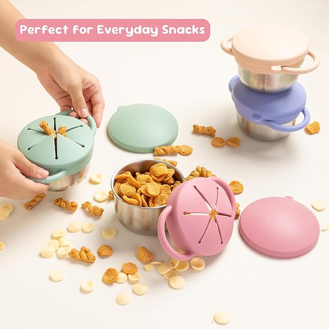 1 Pack Snack Containers for Toddlers, Stainless Steel Toddler Snack Cups with Silicone Food Catcher & Lids,Snack Cups for toddlers Spill Proof