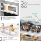 Large Wooden Corner Play Kitchen Sets with Ice Maker,Water Dispenser,Bread Maker,Washing Machine,Electronic Display,Toy Sink with Running Water,Stove with Light&Sounds, Birthday Gift for 3+