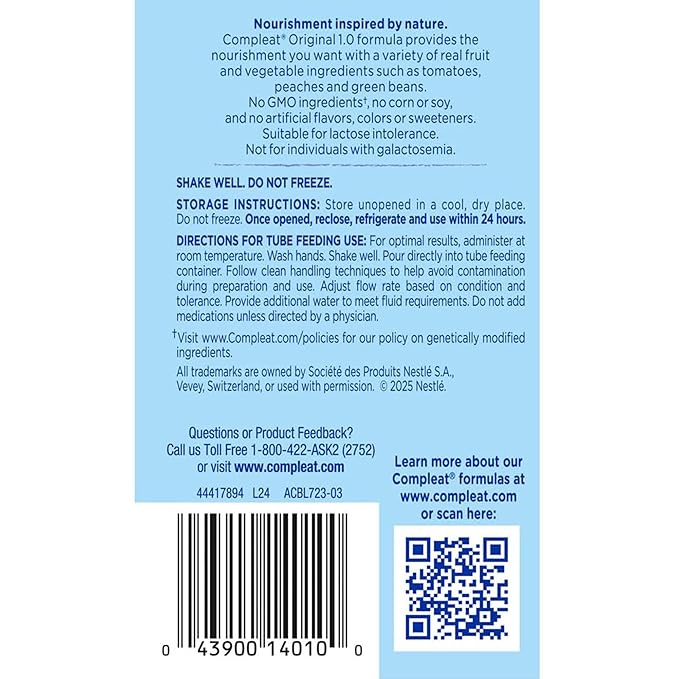 Nestle Compleat Original Tube Feeding Formula Unflavored 8.45 oz Carton, 12 Count