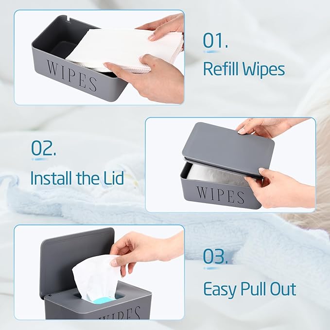 3 Pack Baby Wipes Dispenser Holder Wipe Container for Bathroom with Lid Toilet Tissue Paper Storage Refillable Box for Home Office Cars(Small,Gray)