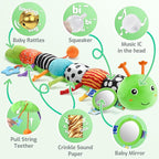 Sumobaby Baby Toys 0-6 6-12 Months,Music Caterpillar Plush Toy with Baby Mirror, Pull String&Crinkle Rattle,Infant Teething Toys,Tummy Time for 0-3-6-12 Month Boys Girls Newborn Gifts (Green-Branch)
