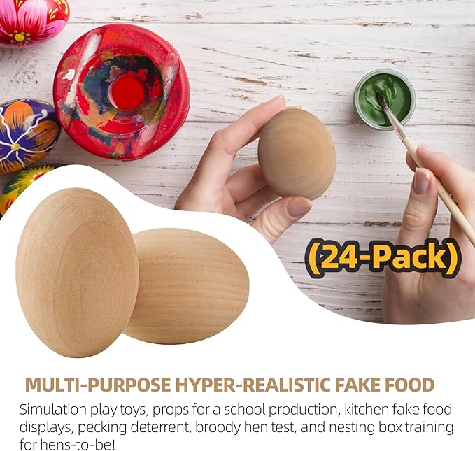 CALPALMY 24 Pieces Wooden Eggs - Life-Size, Reusable Fake Easter Eggs for Painting, Decorating, Crafting, Pretend Play, Faux Food Display, Nest Box Training