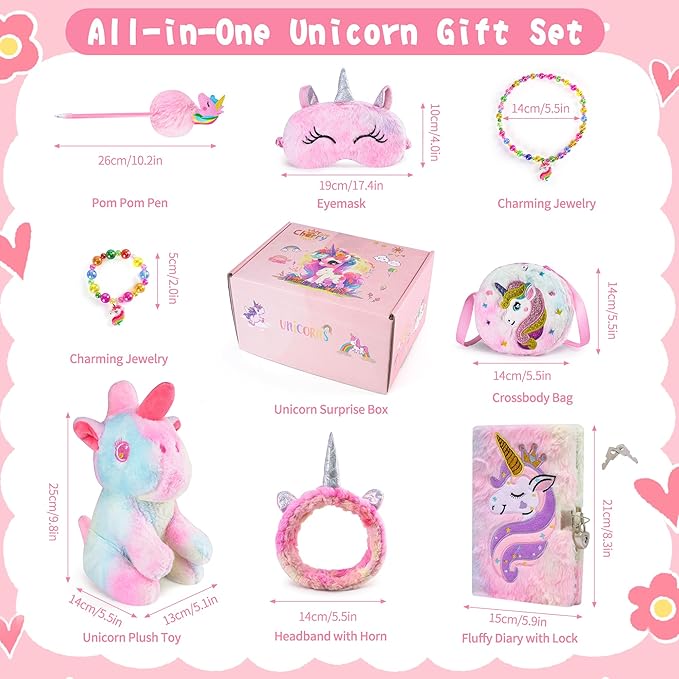 Cherry Tale Unicorn Gifts for Girls Age 6-8, Kids Unicorn Toys Set with Plush Diary Headband Eye Mask Christmas Birthday Gifts for Little Girls Age 4 5 6 7 8 9 10