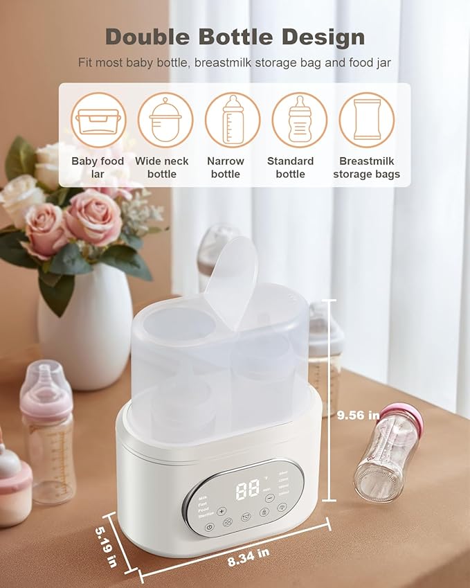Bottle Warmer, 10-in-1 Fast Baby Bottle Warmer for Breastmilk & Formula, Double Milk Warmer with Timer, Accurate Temp Control, Thaw, Steaming, Heat Food, Keep Warm and Night Light