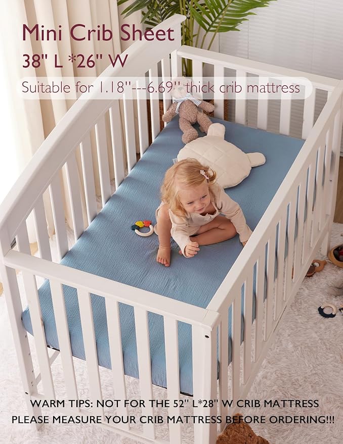 Momcozy Muslin Mini Crib Sheets Fitted - 38''x26'' Pack and Play Sheets for Pack N Play Mattress, 2 Pack Soft & Breathable Natural Cotton Non Slip Bed Cover for Boys, Girls, Grey Blue