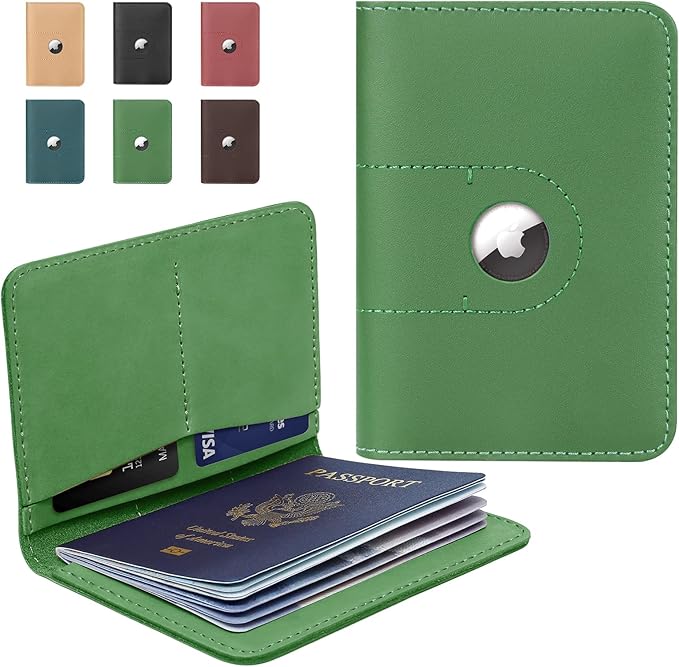 ALLIVE Genuine Leather Passport Holder With Airtag for Women Men - Travel Must-Haves, Airport Essentials, Passport Cover Gift - Green