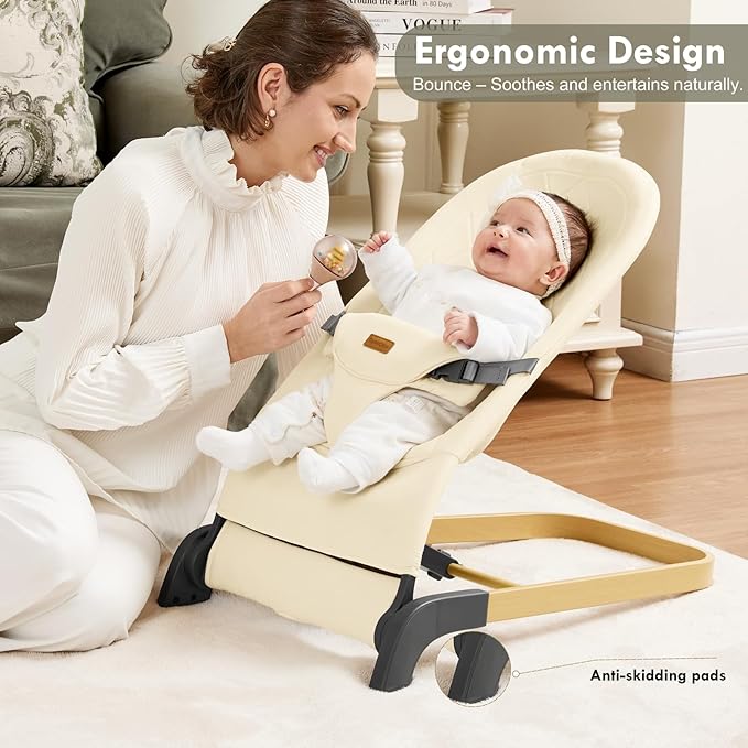 Foldable Baby Bouncer, Baby Seat with 3 Adjustable Heights, Portable Newborn Rocker, Ergonomic Bouncy Seat for Natural Bounce, Bouncer for Babies 0-6 Months, Soft Cotton (Beige)