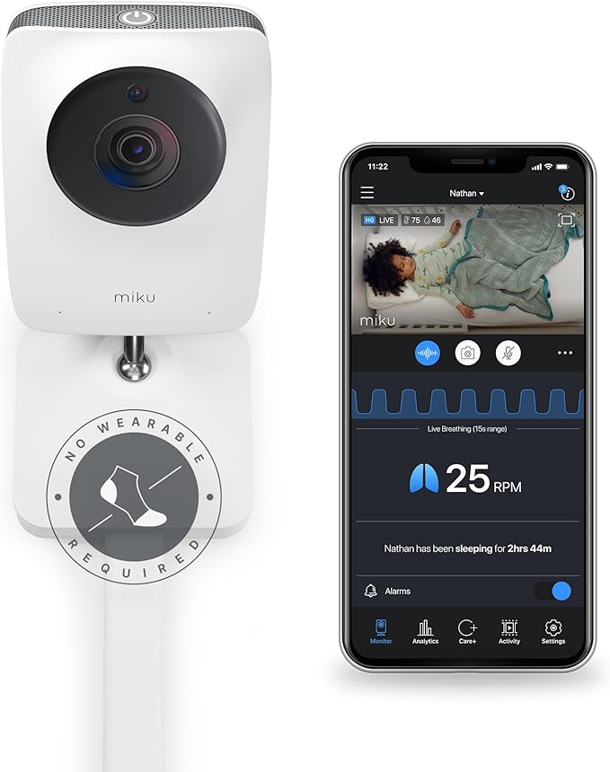 Miku Pro Smart Baby Monitor with Camera, Track Live Breathing with No Wearable, Real-Time Alerts, Sleep Analytics, 1080p Wi-Fi Video, Night Vision, and 2-Way Audio, Wall Mount Included