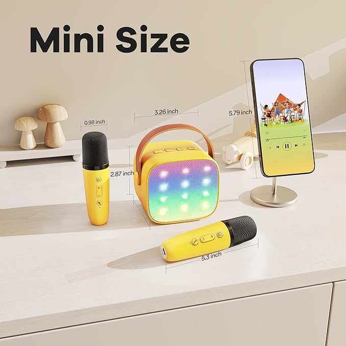YLL Mini Karaoke Machine for Kids Adults, Portable Bluetooth Speaker with 2 Wireless Microphones, Birthday Gifts Toys for Girls Boys Ages 3, 4, 5, 6, 7, 8, 9,10,11,12+ Years Old Toddler (Yellow)