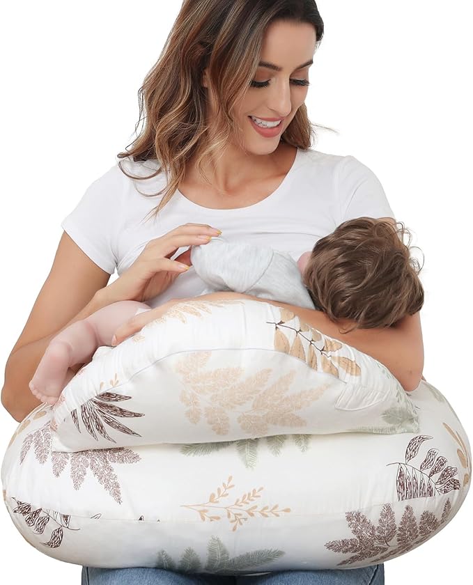 Nursing Pillow for Breastfeeding, Breastfeeding Essentials for Newborn, More Support for Mom and Baby, with Adjustable Waist Strap and Removable Cotton Cover (Small Leaves)
