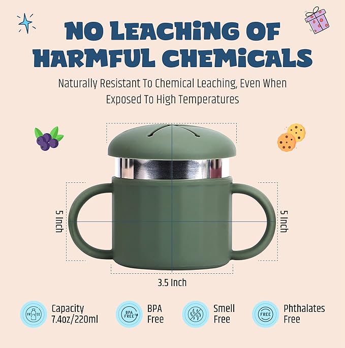 Jumble Dream Stainless Steel Baby Snack Cup for Toddlers Kids – Spill-Proof Silicone Snack Container – BPA-Free Non-Toxic Dishwasher Safe Food-Grade Stainless Steel for Baby Snacks 6m+ to 3+ Years