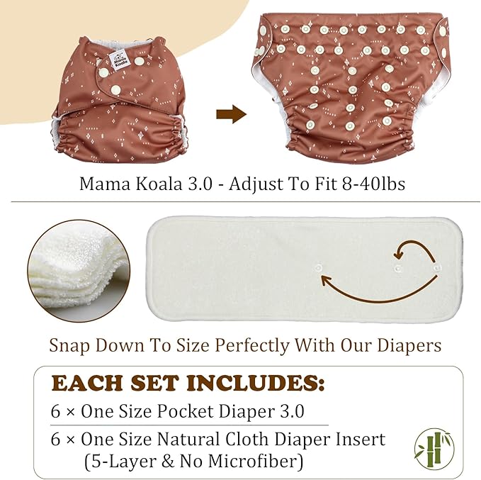 Mama Koala 3.0 Cloth Diapers for Babies, 6 Pack One Size Washable and Reusable Pocket Diapers for Newborns and Toddlers (Peace & Love)