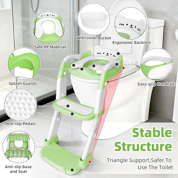 Potty Training Seat, Upgrade Toddler Toilet Seat for Kids Boys Girls, 3 in 1 Potty Training Toilet with Step Stool Ladder-Non Slip Foldable (Green+White)