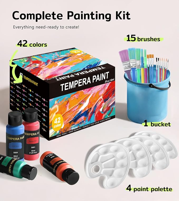 TMOL Washable Paint for Kids 42 Colors,Non-Toxic, Safe & Washable for Toddlers, Tempera Paint with Brushes, Palette & Bucket, School Project Art Supplies
