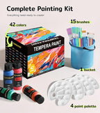 TMOL Washable Paint for Kids 42 Colors,Non-Toxic, Safe & Washable for Toddlers, Tempera Paint with Brushes, Palette & Bucket, School Project Art Supplies