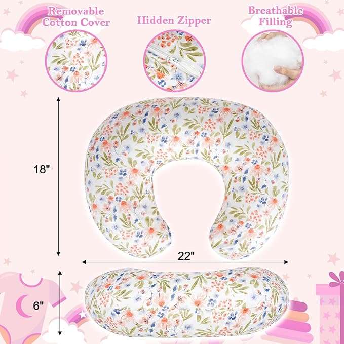 Nursing Pillow - Breastfeeding Pillow with Breathable Filling & Removable Cover, Ergonomic Support for Breastfeeding & Bottle (Green Leaf,0-18 Months)