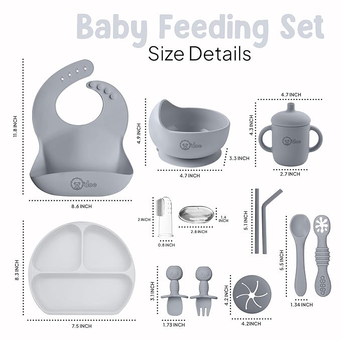 O'doe 11-Piece BPA-Free Silicone Baby Feeding Set | Thick & Soft Suction Plates, Baby Bowls, Wooden Fork & Spoon, and More | Make Mealtime Fun and Easy for Your Little One (Grey, V1)