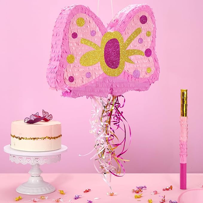 WERNNSAI Pink Bow Piñata - Girls Birthday Party Decoration Bow Tie Piñata with Blindfold and Bat for Kids Princess Theme Party Supplies favors