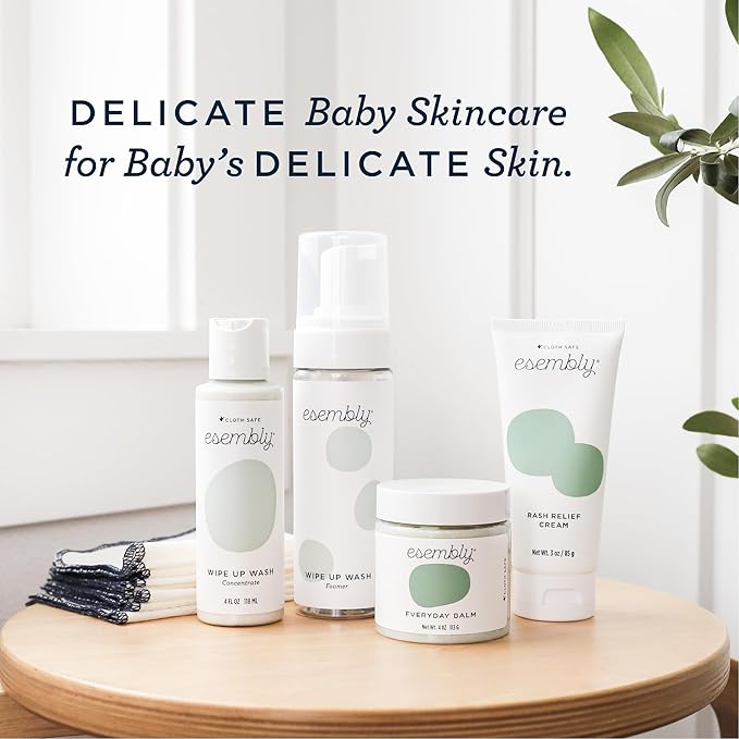 Esembly Skincare Kit, Baby Arrival Gift Set with Organic Diaper Creams, Reusable Organic Cotton Wipes and Wipe Cleanser with Foamer - Mama and Baby Essentials for Cloth Diapering