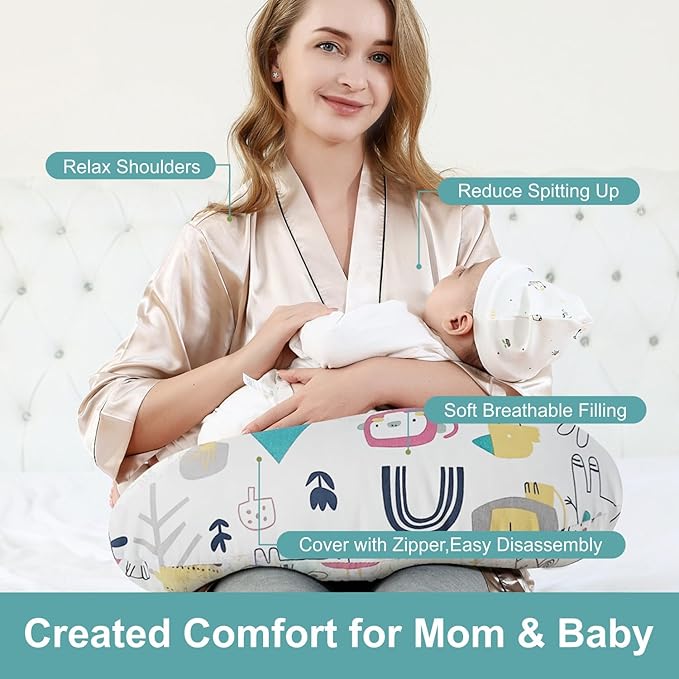 Nursing Pillow, Ergonomic Support Breastfeeding Pillow for Easier Breast Feeding and Bottle Feeding, Baby Feeding Pillow with Machine Washable Cotton Cover (Cartoon)
