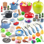 100Pcs Kitchen Playset, Kids Pretend Cooking Play Pots, Pans, Utensils, Cookware, Toy Food Fruits Veggies, with 2 Large Apple - Shaped Storage, Toddler Cooking Learning Gift (Blue