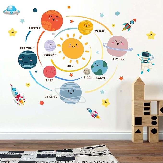 Outer Space Planets Wall Decals - Astronaut Rocket Boys Wall Stickers - Baby Nursery Kids Room Daycare Playroom Wall Decor