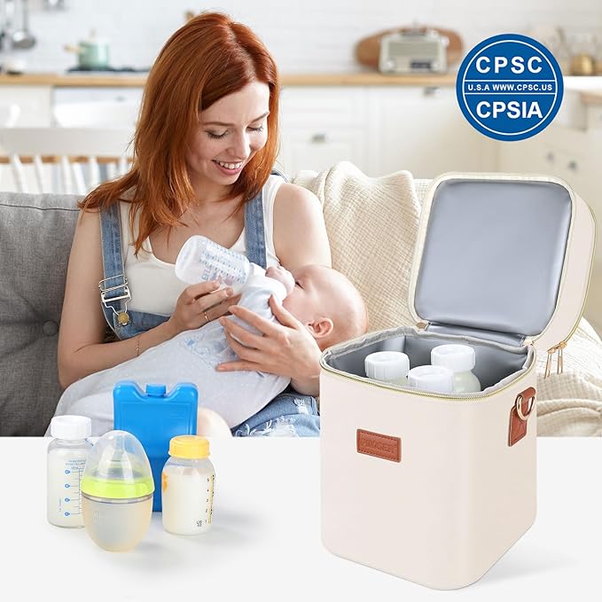 PIIOSER Baby Bottle Tote Bag with Ice Pack, Fits 4 Baby Bottles Up to 9 Ounce, Small Insulated Breastmilk Cooler Travel Bag with Shoulder Strap for Nursing & Working Mom Daycare (Cream-S)