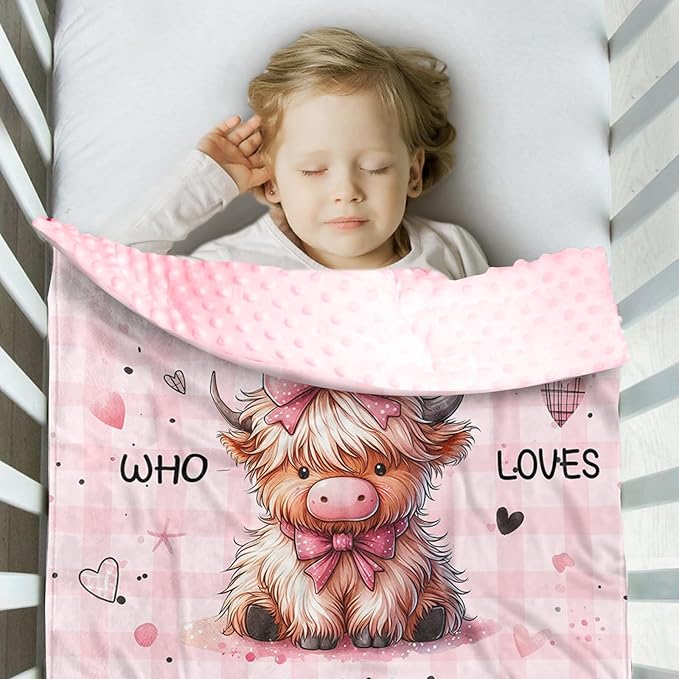 Personalized Baby Blankets for Girls, Custom Name Pink Highland Cow Pattern Baby Blanket, Soft Minky Dot Blanket for Newborns and Toddlers, Ideal for Baby Showers Christmas Brithday Gifts