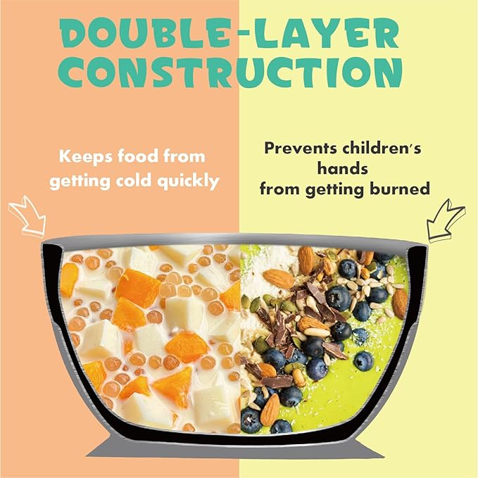 MR. CHOU Baby Bowl Set with Spoon & Fork, Insulated Double-Layer 18/8 Stainless Steel Toddler Bowls with Silicone Suction Cup & BPA Free Airtight Lids, Food Grade Infant Self-Feeding Bowl, Gray