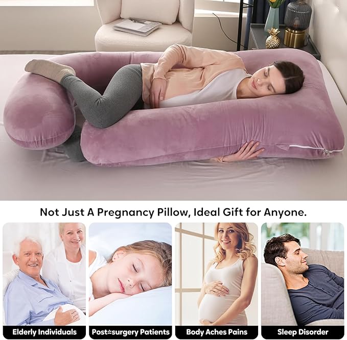 U-Shaped Pregnancy Pillow for Sleeping, Full Body Support for Back, HIPS & Belly -65 Inch Maternity Pillow with Machine Washable Cover | Maternity Essential (Velvet Pink-65inch)