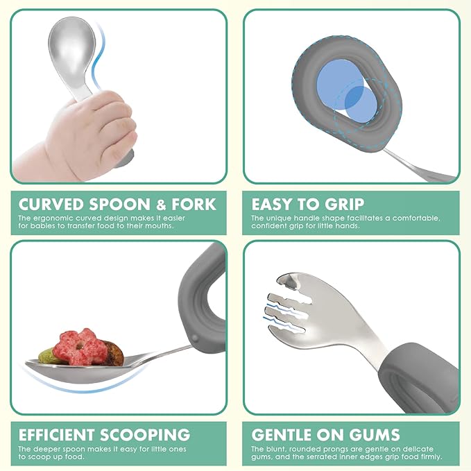 MR. CHOU Baby Bowl Set with Spoon & Fork, Insulated Double-Layer 18/8 Stainless Steel Toddler Bowls with Silicone Suction Cup & BPA Free Airtight Lids, Food Grade Infant Self-Feeding Bowl, Gray