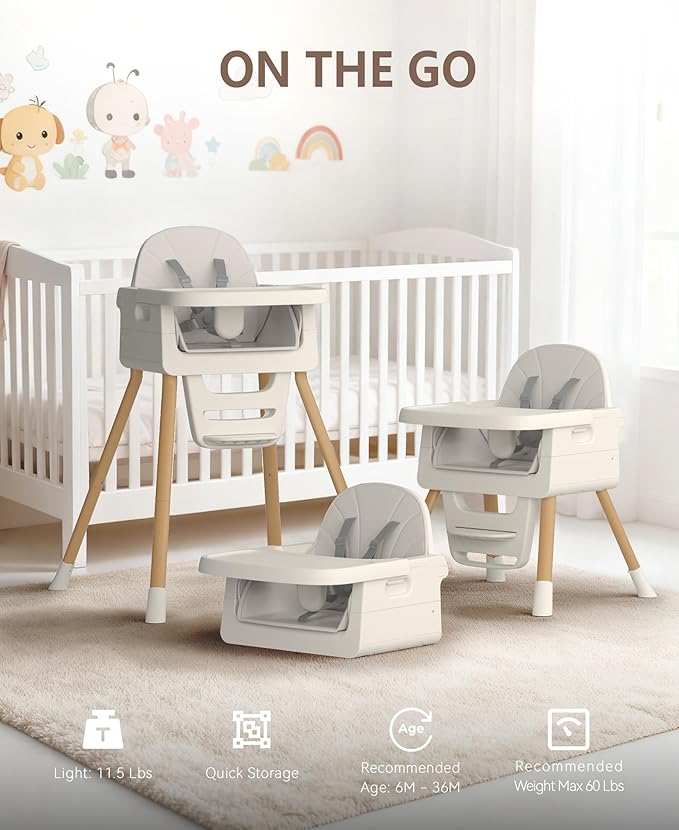 Baby High Chair for 6 Months+, Foldable High Chairs for Babies and Toddlers, Convertible Toddler Chair, Adjustable Tray & Footrest, Lightweight, Stable & Easy to Clean(White with Wood Grain)
