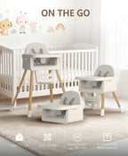 Baby High Chair for 6 Months+, Foldable High Chairs for Babies and Toddlers, Convertible Toddler Chair, Adjustable Tray & Footrest, Lightweight, Stable & Easy to Clean(White with Wood Grain)