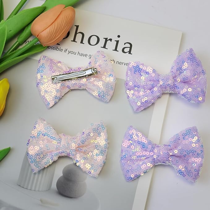 Purple Sequins Bows for Girls, Handmade Hair Clip Glitter Hair Bows Alligator Clips Hair Accessories for Little Teen Toddler Girls Kids