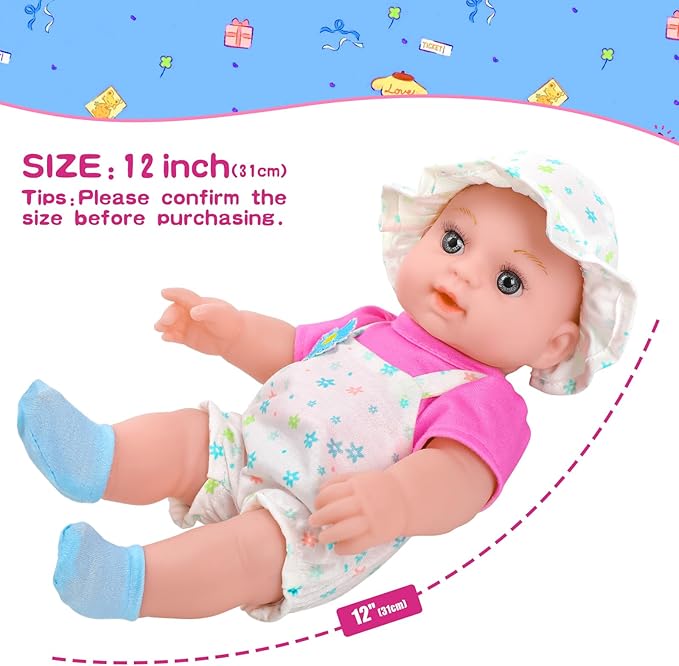 12" Girls Baby Doll Daisy Theme Backpack Carrier Playset,12 Inch Reborn Baby Dolls With Accessories And Clothes Set Toy Stuffs Pink Hanky Diaper Bottle Nipple And Gifts For Baby Toddler Age 3+