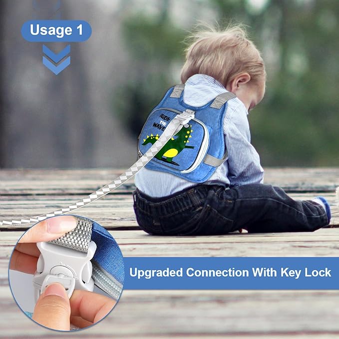 Toddler Harness Leash+ Anti Lost Wrist Link, Accmor Cute Dinosaur Kids Harness with Leash, Foldable Child Leash Baby Walking Wristband Assistant Strap Belt for Parent Boys Outdoor Activity