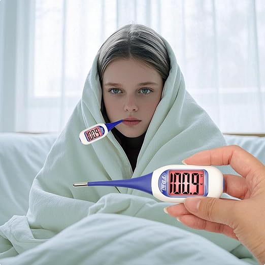 Large LCD Screen Digital Thermometer for Fever, 10 Seconds Fast & Accurate Readings, Large LCD Dual Color Backlight Flexible Tip Ideal for Adults Kids and Babies