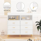 Changing Table Dresser with Drawers, Baby Dresser with Changing Table Top, Power Outlet, LED Light & Metal Feet, Diaper Changing Station Nursery Organizer for Infants Newborn, White