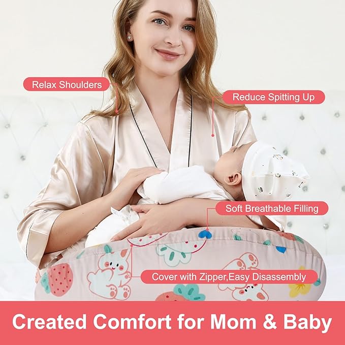 Nursing Pillow, Ergonomic Support Breastfeeding Pillow for Easier Breast Feeding and Bottle Feeding, Baby Feeding Pillow with Machine Washable Cotton Cover (Bunny)