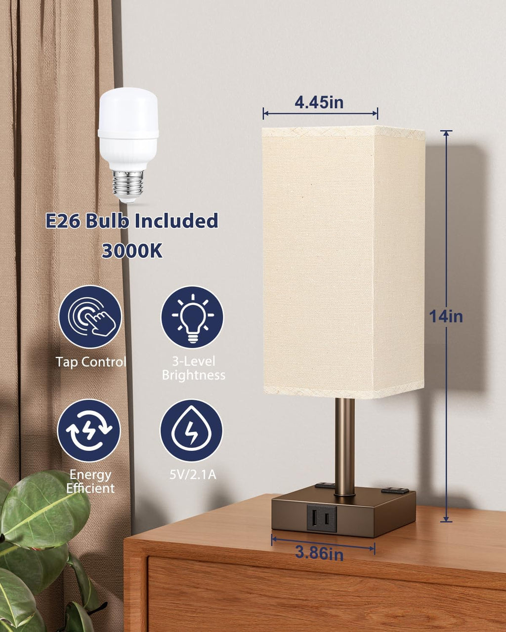 Brown Touch Table Lamp - Bedside Lamp with USB A + Type C Charging Ports and Two AC Outlets, Small Night Stand with E26 LED Bulb, Desk Light for Bedroom Living Room Office Dorm