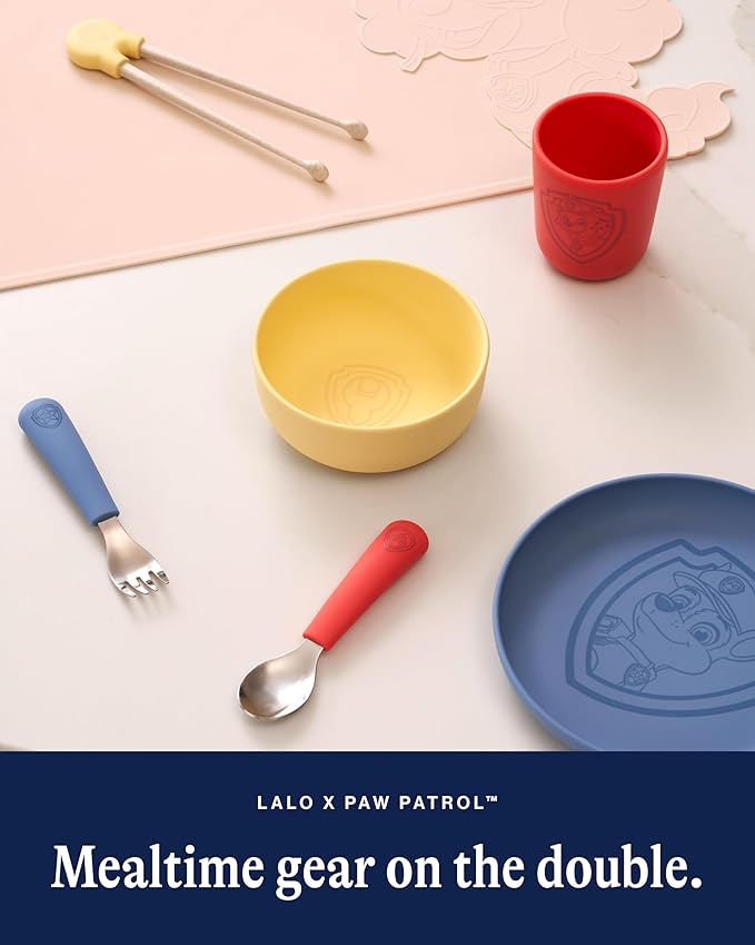 Lalo PAW Patrol Utensils - Toddler Fork and Spoon Set - Stainless Steel and Silicone Ergonomic Toddler Utensils - Children Safe Flatware Set - 2 Pieces - Skye