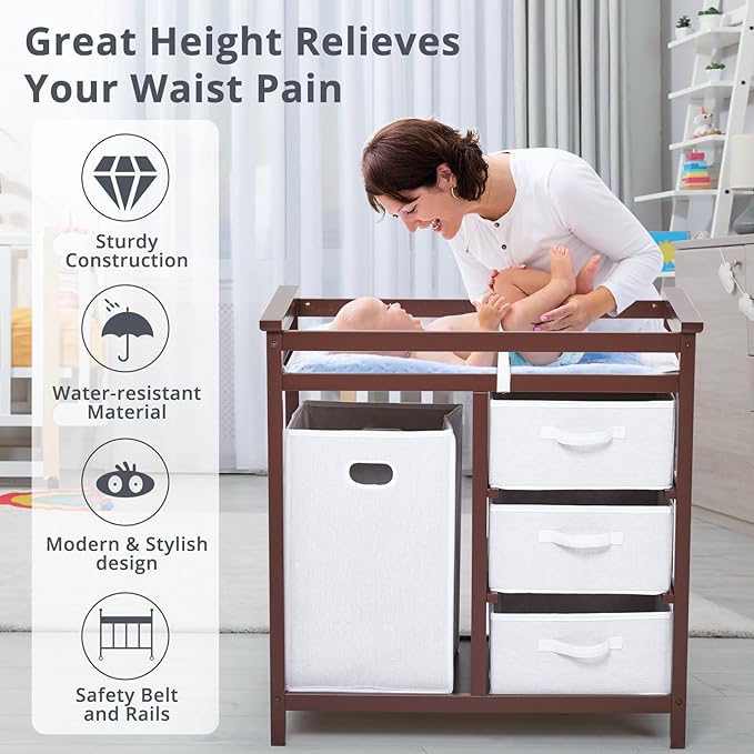 Wooden Baby Changing Table, Modern Diaper Changing Table, Infant Diaper Station Dresser with Laundry Hamper, 3 Drawer Basket- Storage Organizer for Baby Clothes, Diapers & Toys