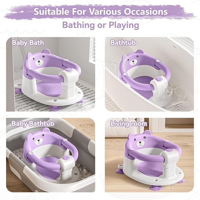Baby Bath Seat for Babies 6 Months & Up, Toddler Bath Seats for Babies Sitting Up, Non-Slip Infant Bath Tub Chair with 4 Suction Cups & Soft Cushion for Shower, Compact Toddler Bathtub Seat, Purple